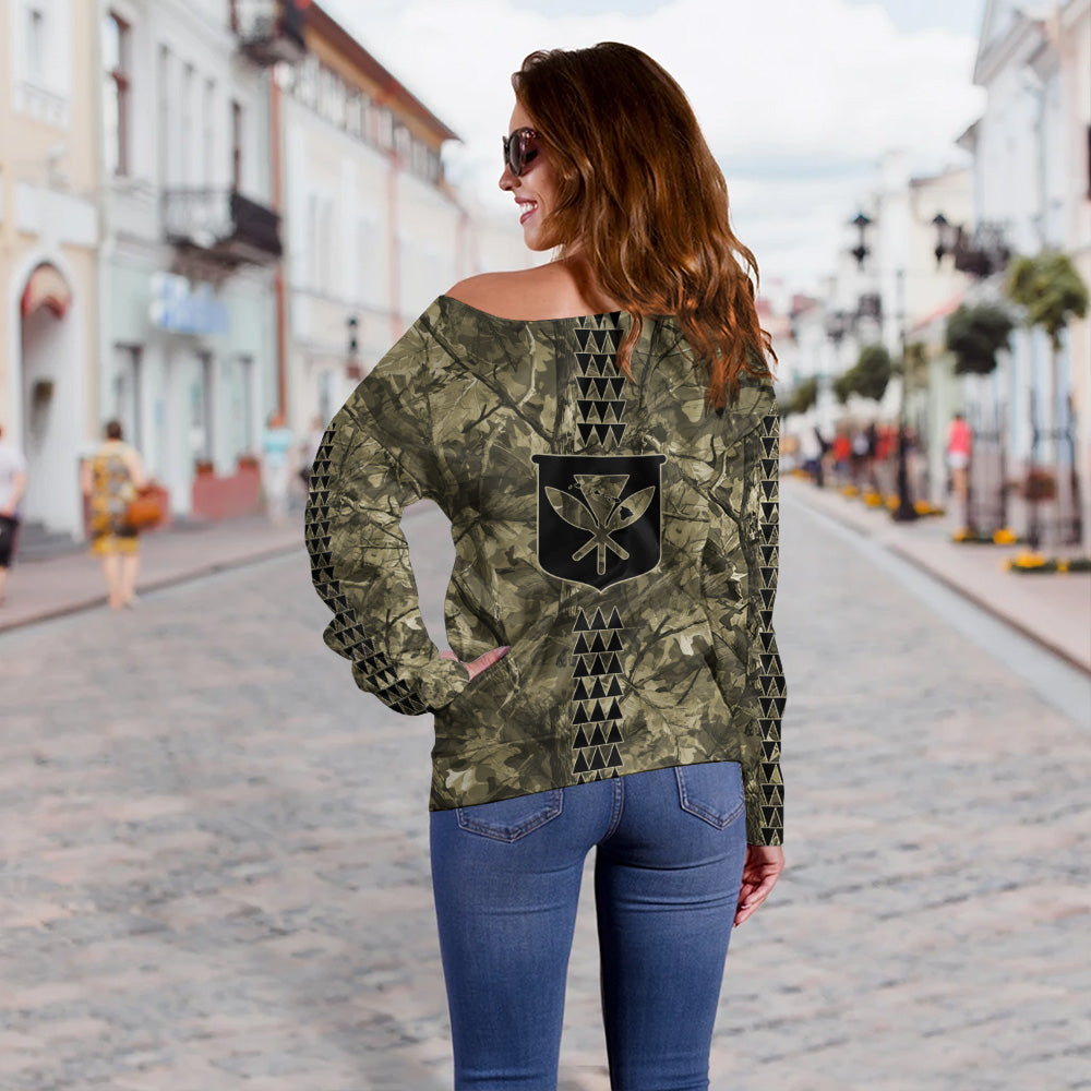 Hawaii Off Shoulder Sweatshirt Woodland Kanaka Camo Style