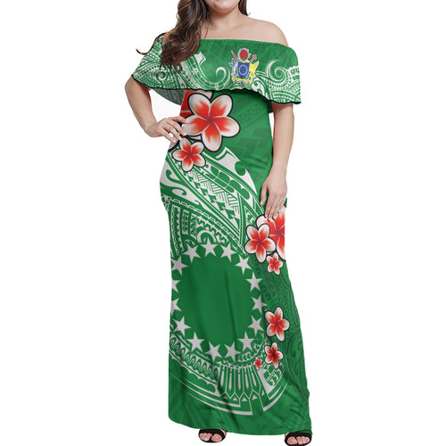 Cook Islands Off Shoulder Long Dress Plumeria Flowers Tribal Motif Design