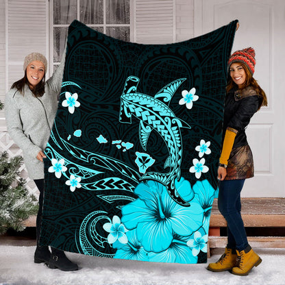 Hawaii Premium Blanket Kanaka Map And Shark Tribal Tattoo Turquoise