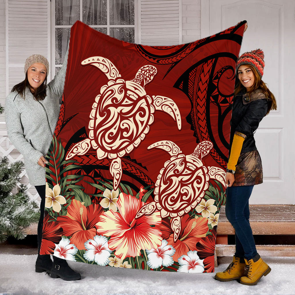 Hawaii Premium Blanket Polynesia Turtle Drawing Tropical Flower