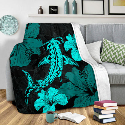 Hawaii Premium Blanket Hammerhead Shark Hibiscus Flower