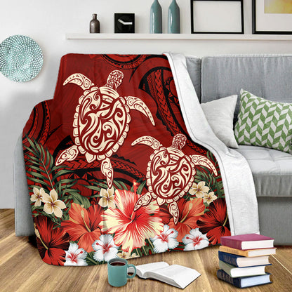 Hawaii Premium Blanket Polynesia Turtle Drawing Tropical Flower
