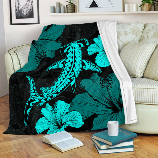Hawaii Premium Blanket Hammerhead Shark Hibiscus Flower
