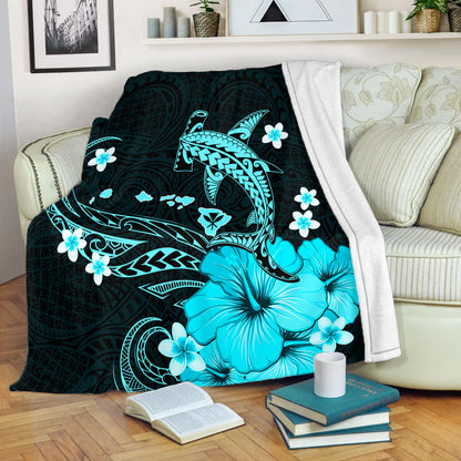 Hawaii Premium Blanket Kanaka Map And Shark Tribal Tattoo Turquoise