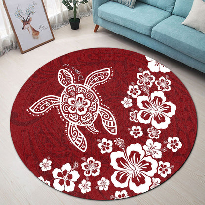 Hawaii Round Rug Tribal Hibiscus Flower Graphic Turtle Tatoo