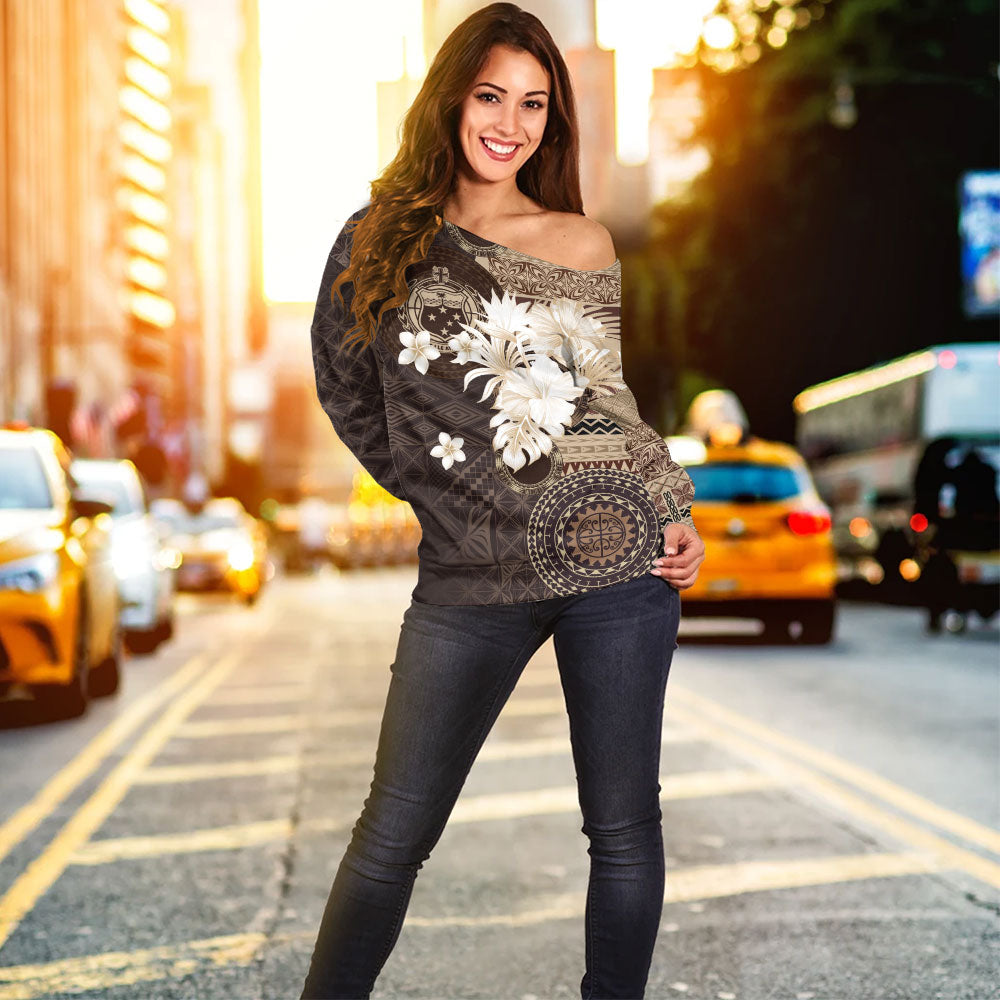 Samoa Off Shoulder Sweatshirt Siapo Motif Print Fabric