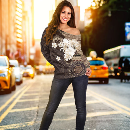Samoa Off Shoulder Sweatshirt Siapo Motif Print Fabric