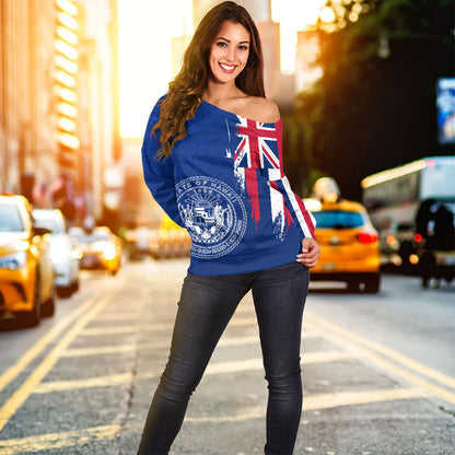 Hawaii Off Shoulder Sweatshirt Flag Polynesian Style Ocean Blue