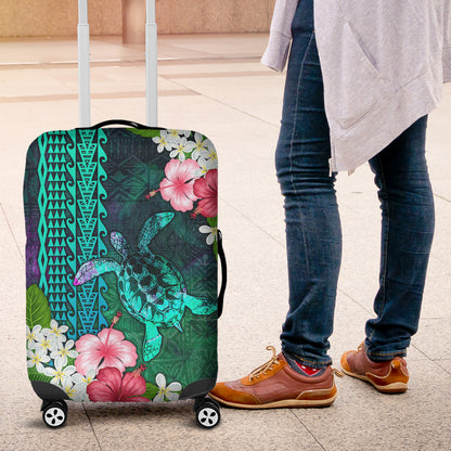 Hawaii Luggage Cover Sea Turtle Abstract Background With Tropical Flowers Hibiscus And Plumeria