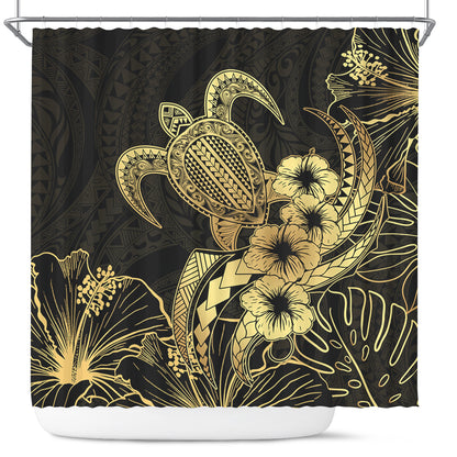 Hawaii Shower Curtain Tribal Polynesia Floral Gold Art