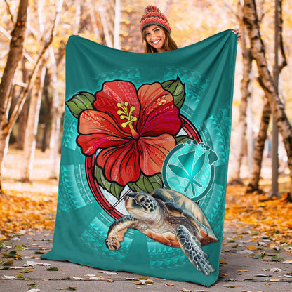 Hawaii Premium Blanket Hawaiian Map Turtle Hibiscus Flowers Polynesian Patterns Style