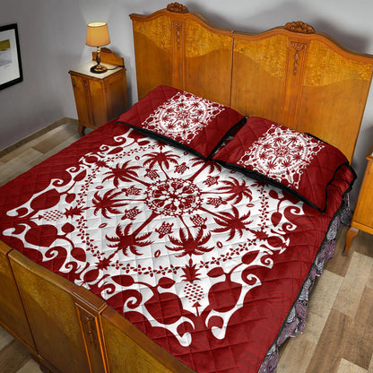 Hawaii Quilt Bed Set Red Hawaii Pattern Palm Trees and Turtles Polynesian
