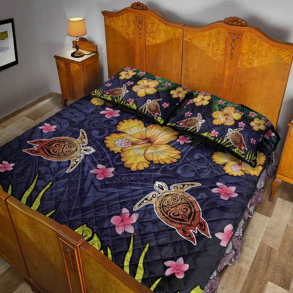 Hawaii Quilt Bed Set Polynesian Patterns Turtle Couple Hibiscus Plumeria Flowers