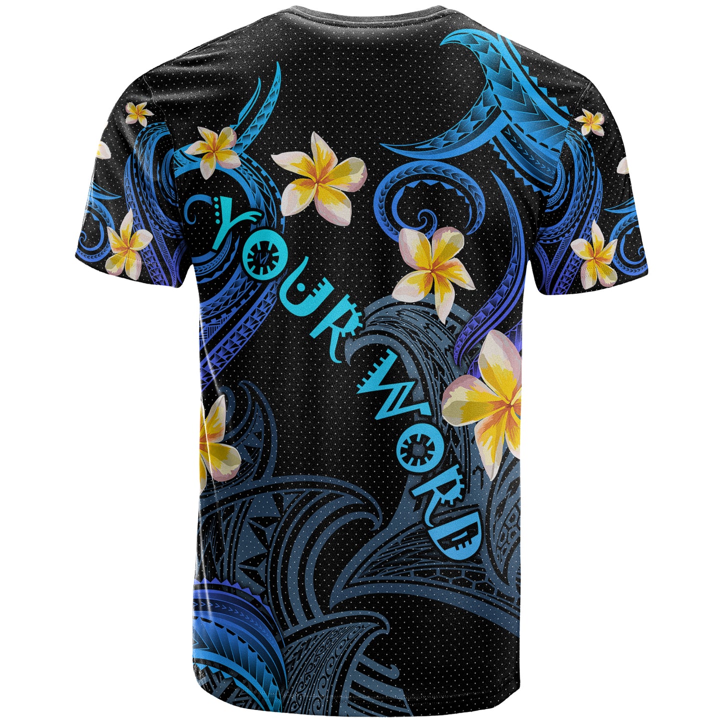 Personalized Kanaka Maoli T-shirt - Hawaii Polynesian Waves with Plumeria Flowers (Blue)