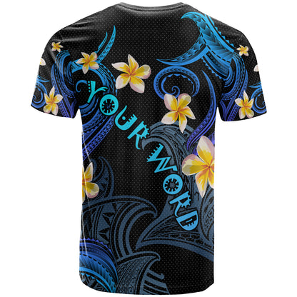 Personalized Kanaka Maoli T-shirt - Hawaii Polynesian Waves with Plumeria Flowers (Blue)