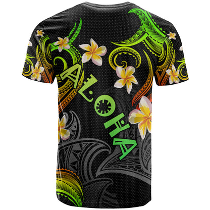Personalized Kanaka Maoli T-shirt - Hawaii Polynesian Waves with Plumeria Flowers (Reggae)