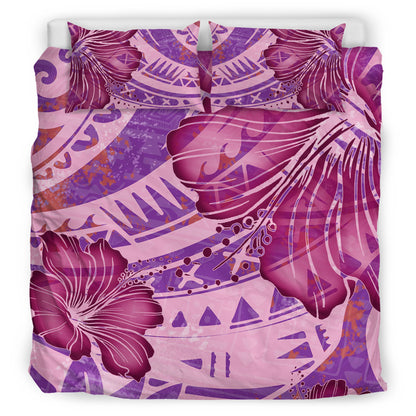 Hawaii Bedding Set Polynesian Motif Purple Hibiscus