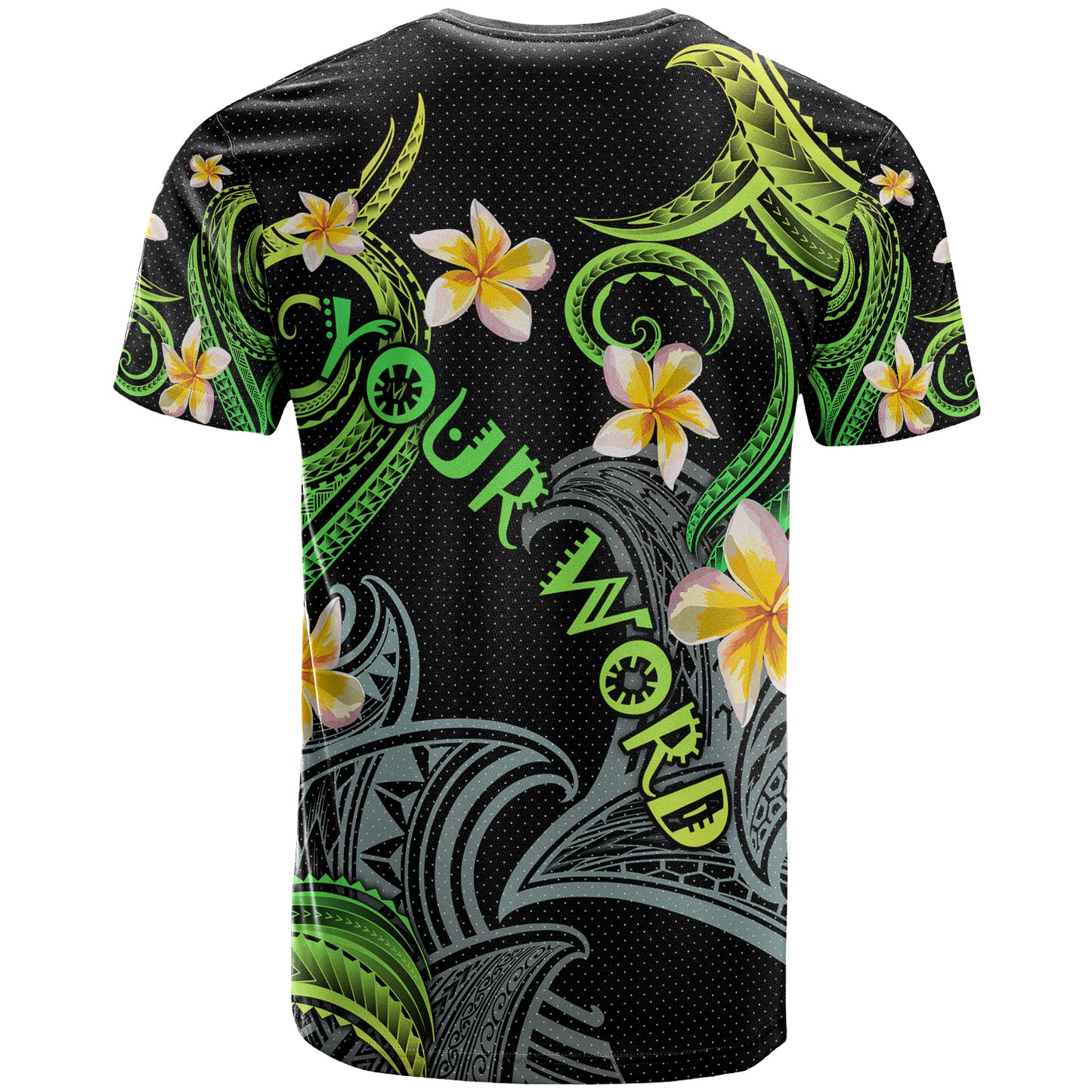 Personalized Kanaka Maoli T-shirt - Hawaii Polynesian Waves with Plumeria Flowers  (Green)