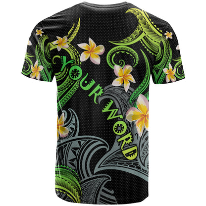 Personalized Kanaka Maoli T-shirt - Hawaii Polynesian Waves with Plumeria Flowers  (Green)