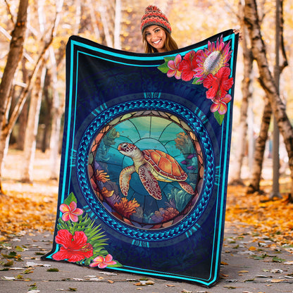 Hawaii Premium Blanket Polynesian Patterns Turtle Mascot WaterColor Style