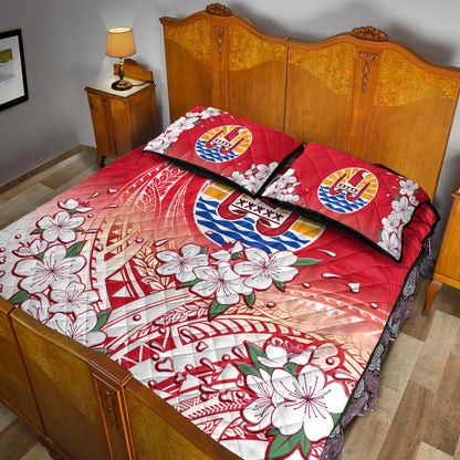 Tahiti Quilt Bed Set Polynesian Pattern Style White Flowers