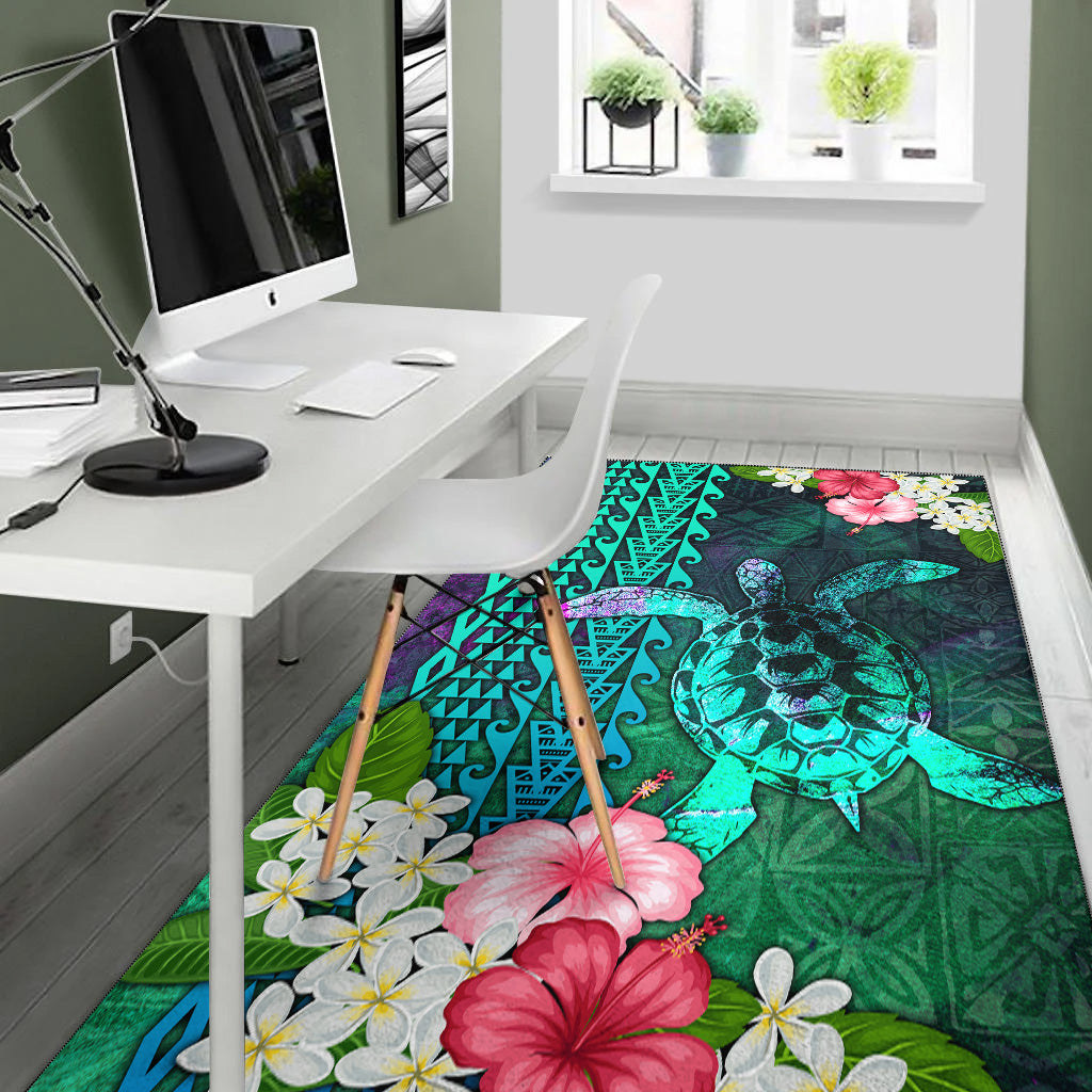 Hawaii Area Rug Sea Turtle Abstract Background With Tropical Flowers Hibiscus And Plumeria