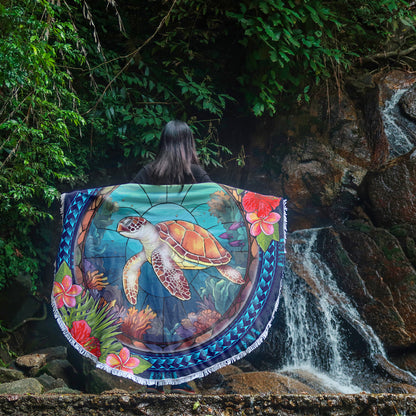 Hawaii Beach Blanket Polynesian Patterns Turtle Mascot WaterColor Style