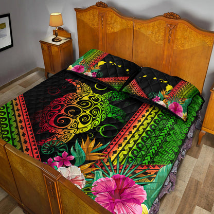 Hawaii Quilt Bed Set Turtle Polynesian Pattern Reggae Color