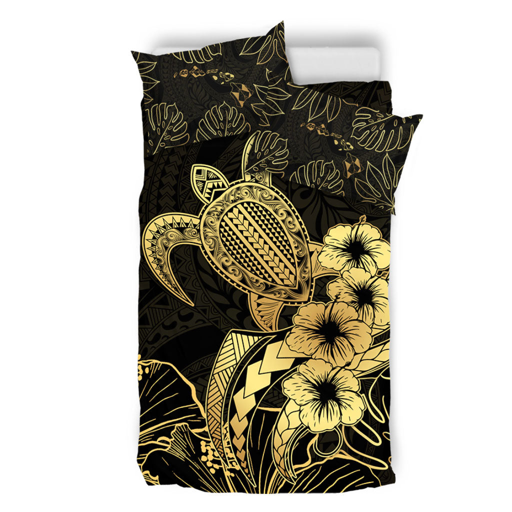 Hawaii Bedding Set Tribal Polynesia Floral Gold Art
