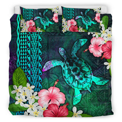 Hawaii Bedding Set Sea Turtle Abstract Background With Tropical Flowers Hibiscus And Plumeria
