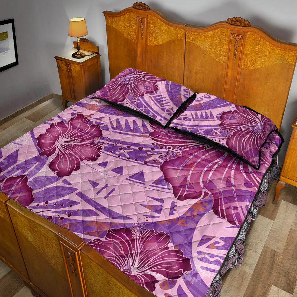 Hawaii Quilt Bed Set Polynesian Motif Purple Hibiscus