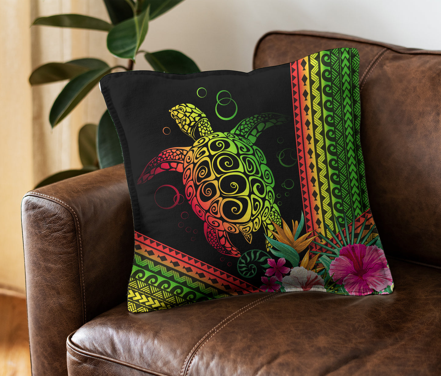 Hawaii Pillow Cover Turtle Polynesian Pattern Reggae Color