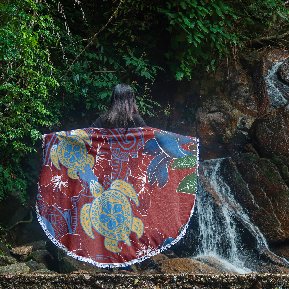 Hawaii Beach Blanket Polynesian Cultures Turtle Couple Tropical Flowers Red Color
