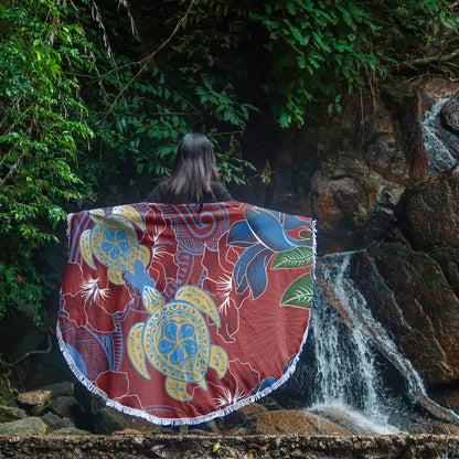 Hawaii Beach Blanket Polynesian Cultures Turtle Couple Tropical Flowers Red Color