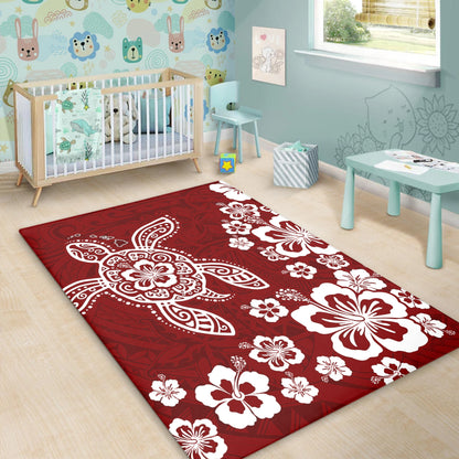 Hawaii Area Rug Tribal Hibiscus Flower Graphic Turtle Tatoo