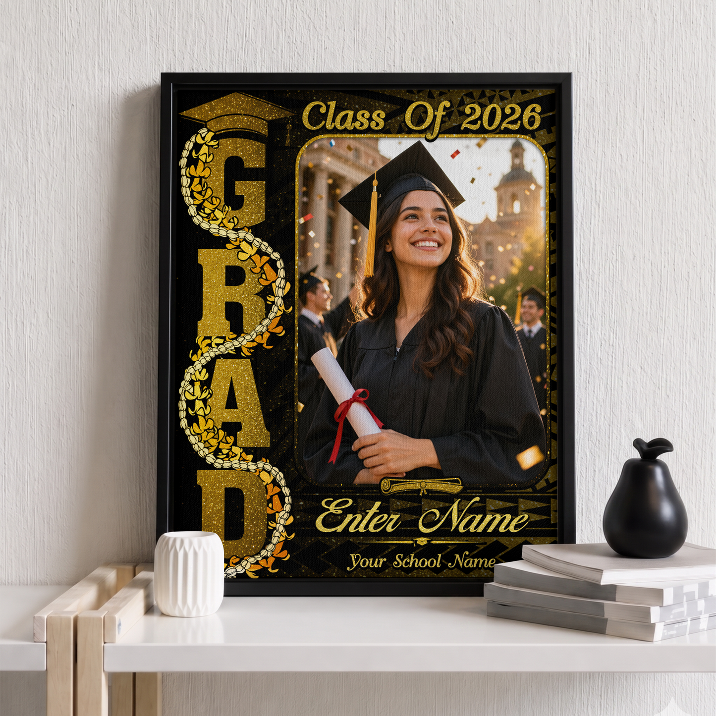 Hawaii Canvas Personalized Black Gold Polynesian Graduation Photo