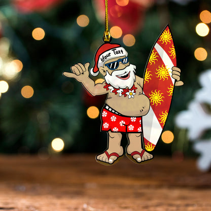 Hawaii Custom Personalised Acrylic And Wooden Ornament Christmas Santa Claus With His Surfboard Doing A Shaka