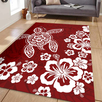 Hawaii Area Rug Tribal Hibiscus Flower Graphic Turtle Tatoo