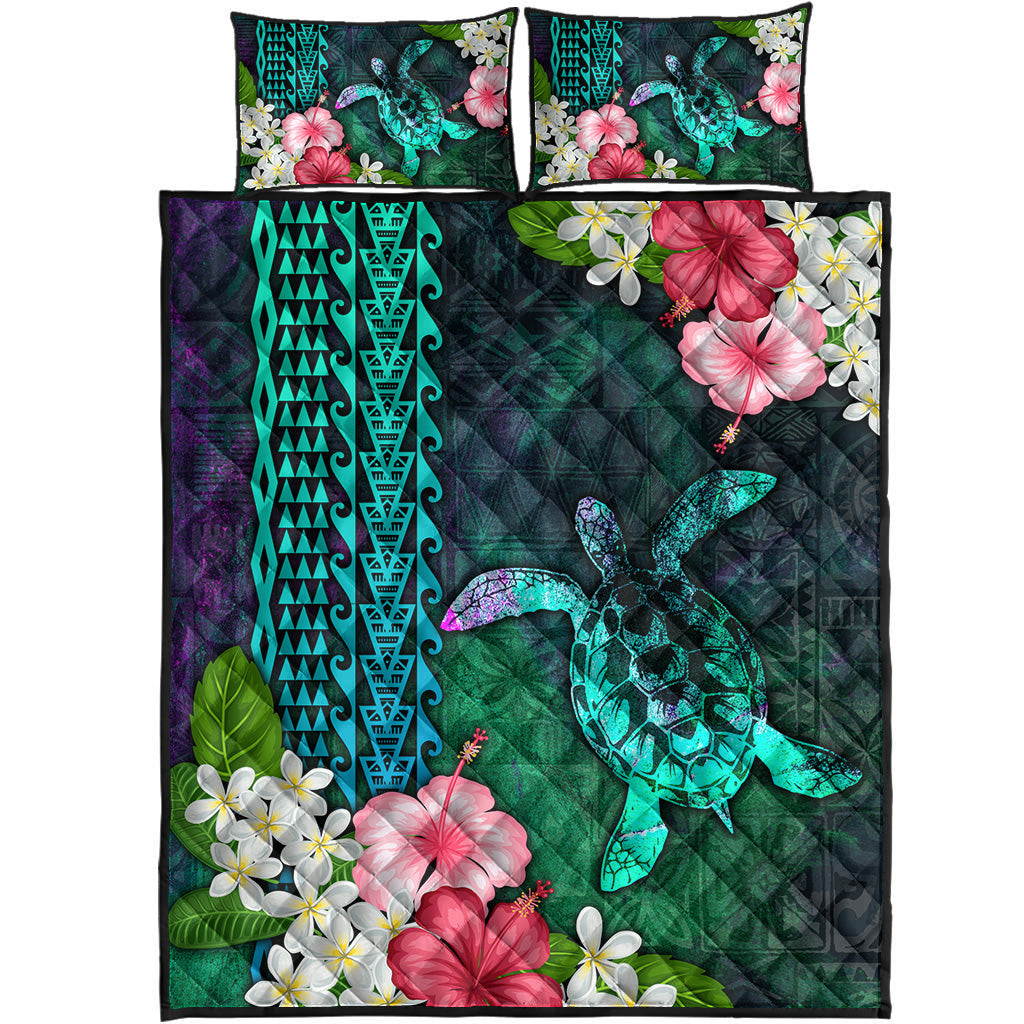 Hawaii Quilt Bed Set Sea Turtle Abstract Background With Tropical Flowers Hibiscus And Plumeria