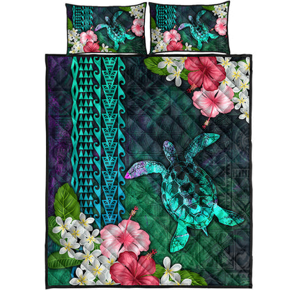 Hawaii Quilt Bed Set Sea Turtle Abstract Background With Tropical Flowers Hibiscus And Plumeria