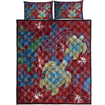 Hawaii Quilt Bed Set Polynesian Cultures Turtle Couple Tropical Flowers Red Color