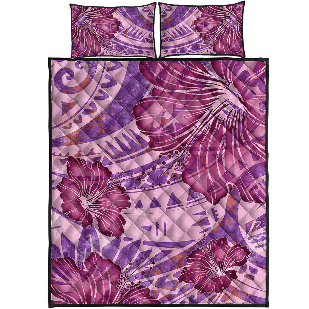 Hawaii Quilt Bed Set Polynesian Motif Purple Hibiscus