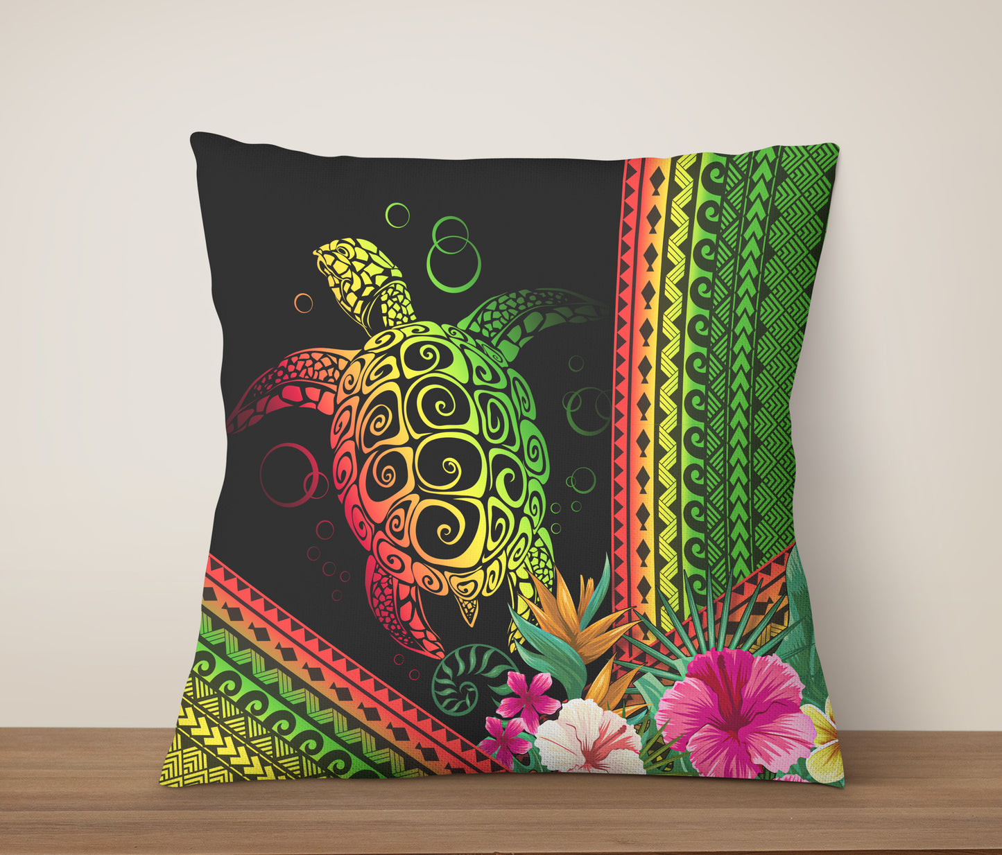 Hawaii Pillow Cover Turtle Polynesian Pattern Reggae Color