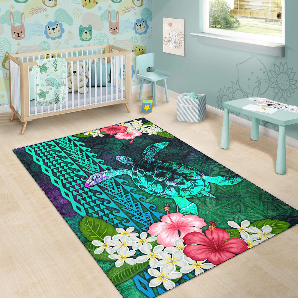 Hawaii Area Rug Sea Turtle Abstract Background With Tropical Flowers Hibiscus And Plumeria