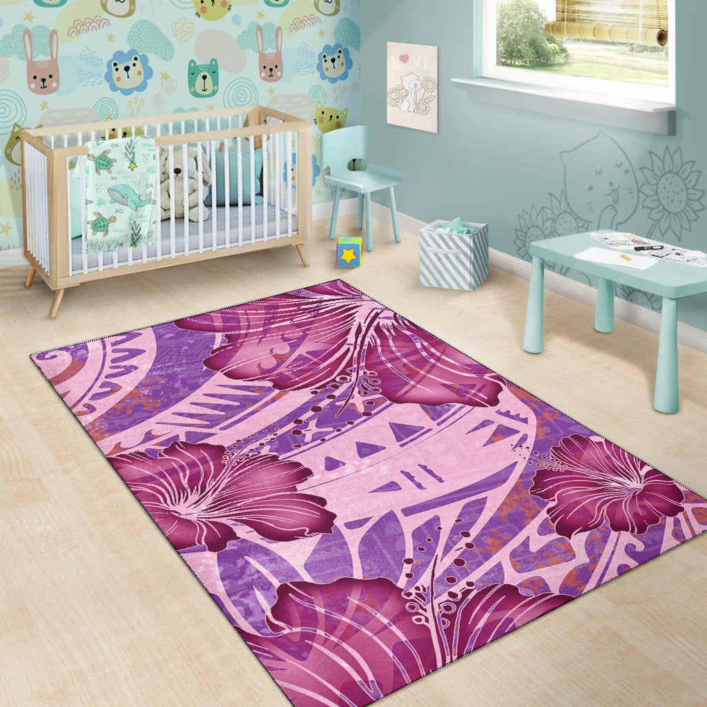 Hawaii Area Rug Polynesian Motif Purple Hibiscus