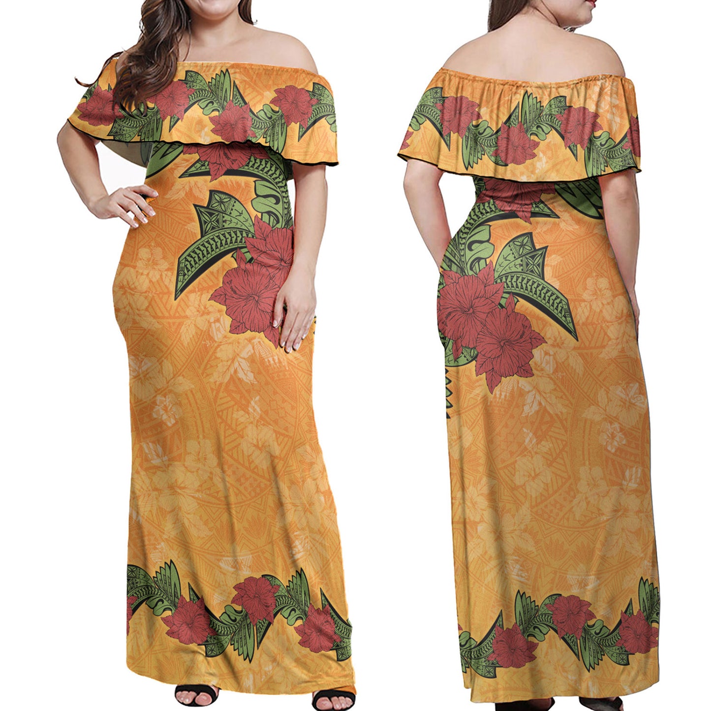 Polynesian Off Shoulder Long Dress Tropical Flowers Polynesian Tribal Motif