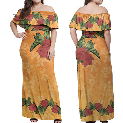 Polynesian Off Shoulder Long Dress Tropical Flowers Polynesian Tribal Motif
