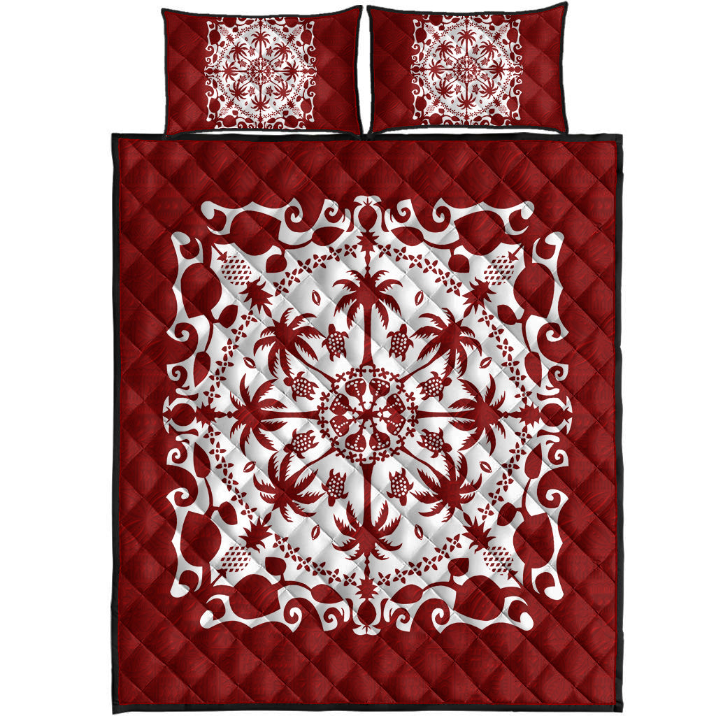Hawaii Quilt Bed Set Red Hawaii Pattern Palm Trees and Turtles Polynesian