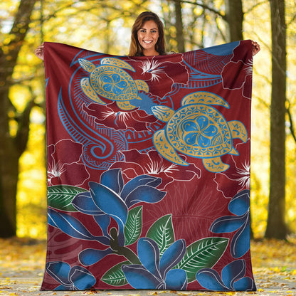 Hawaii Premium Blanket Polynesian Cultures Turtle Couple Tropical Flowers Red Color