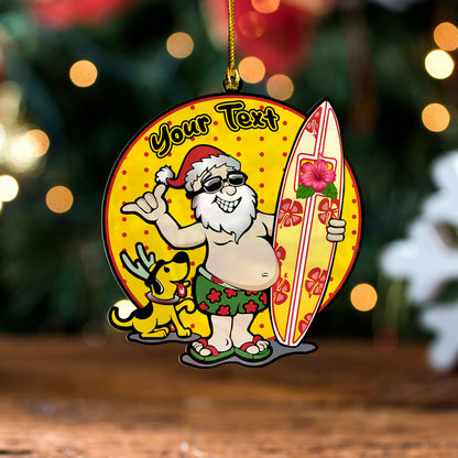 Hawaii Custom Personalised Acrylic And Wooden Ornament Santa Claus With His Surfboard Funny